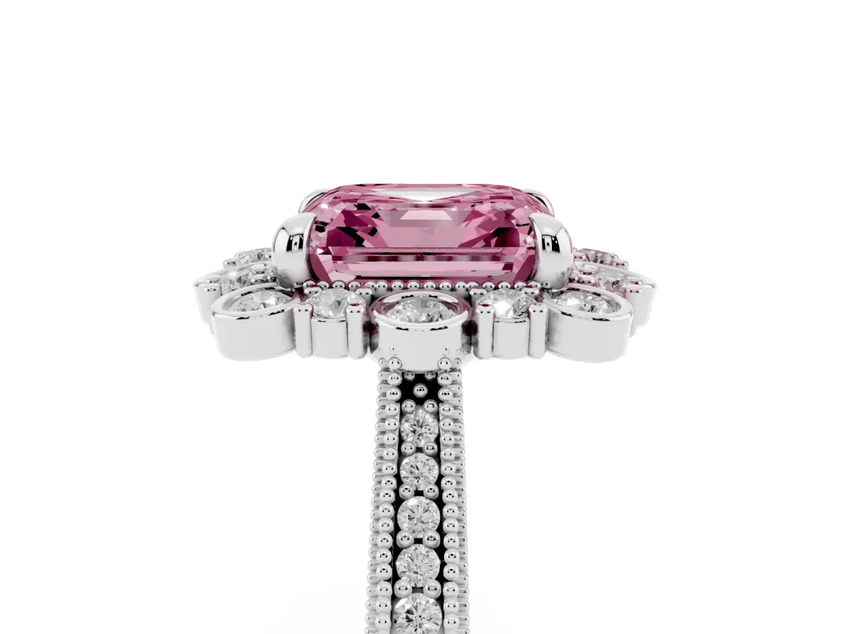Fancy Pink Asscher Cut Halo Milgrain Pave Diamond Ring with Four-Prong Setting White gold