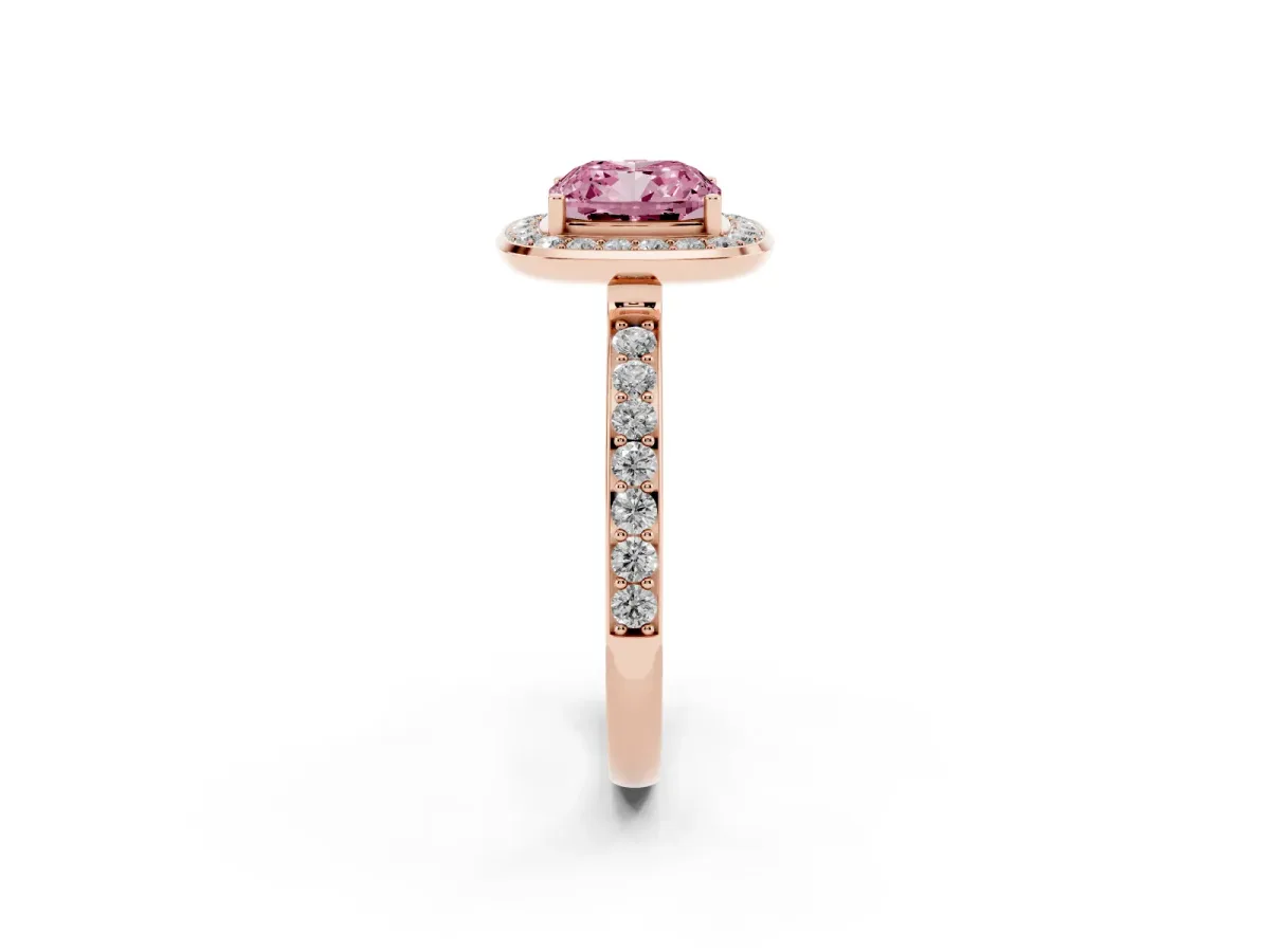Fancy Pink Cushion Cut Diamond Halo Ring with Bezel Frame and Pavé Band Rose gold