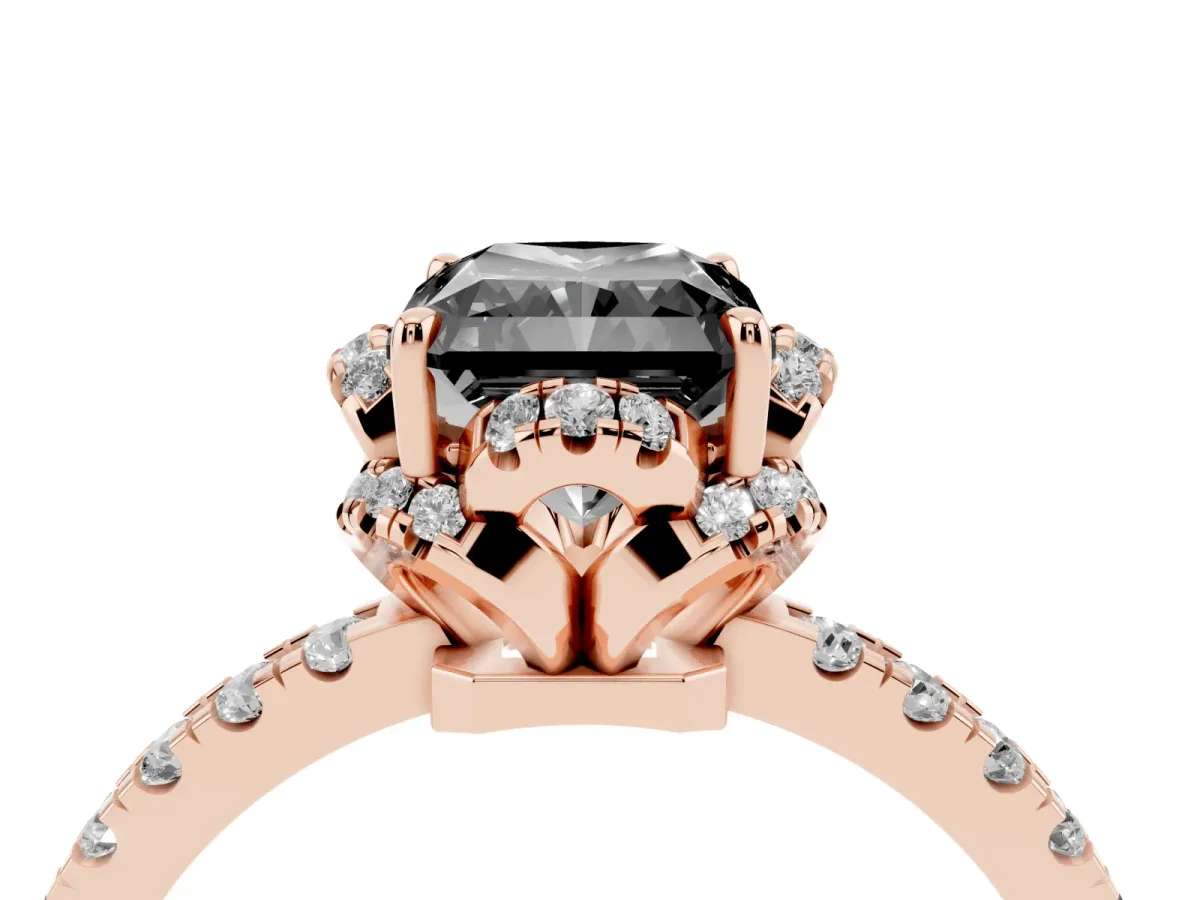 Fancy Black Radiant Cut Diamond Halo Pave Band with Four-Prong Setting Rose gold