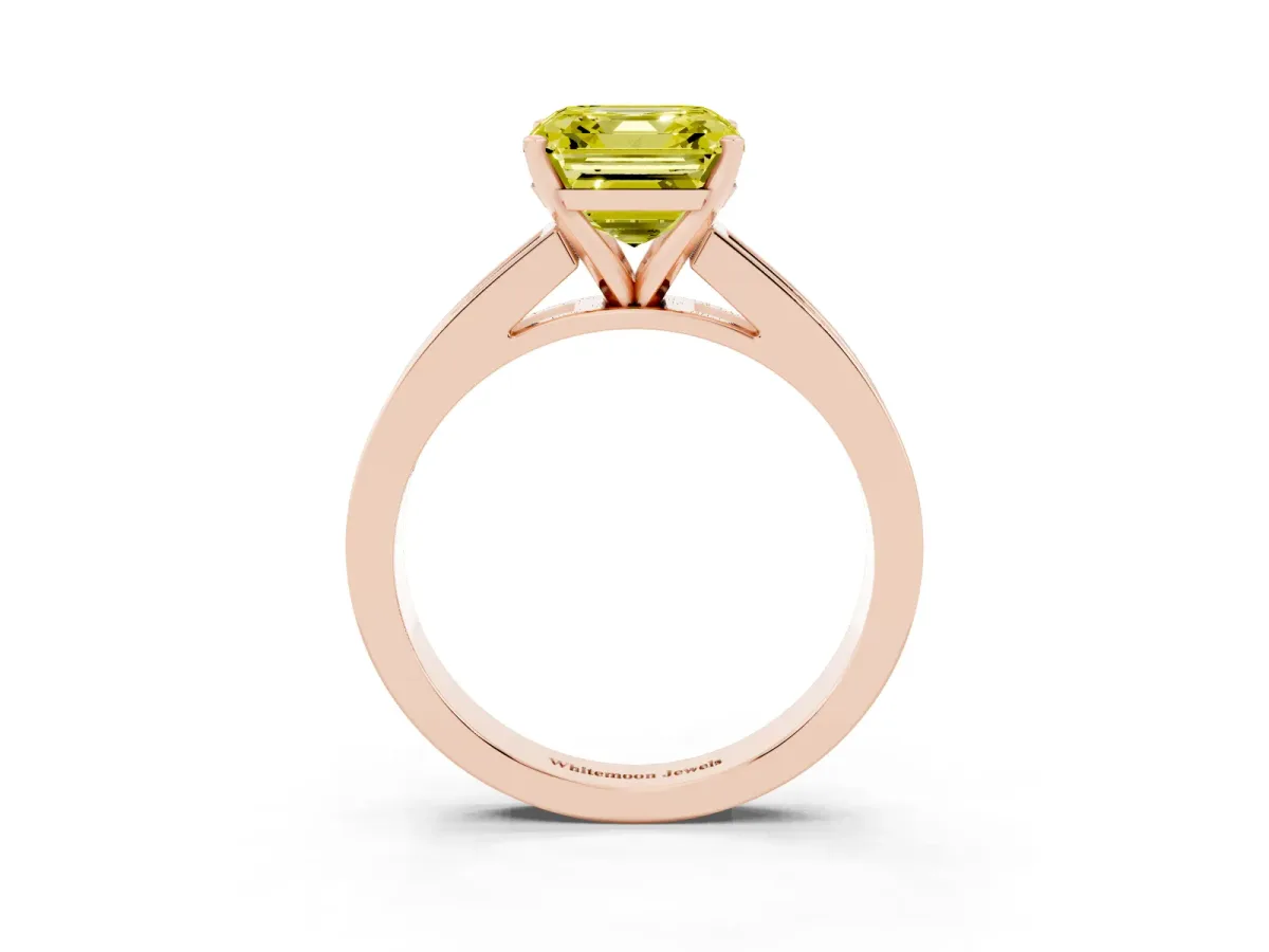Fancy Yellow Asscher Cut Solitaire Diamond Ring with Channel-Set Band and Four-Prong Setting Rose gold
