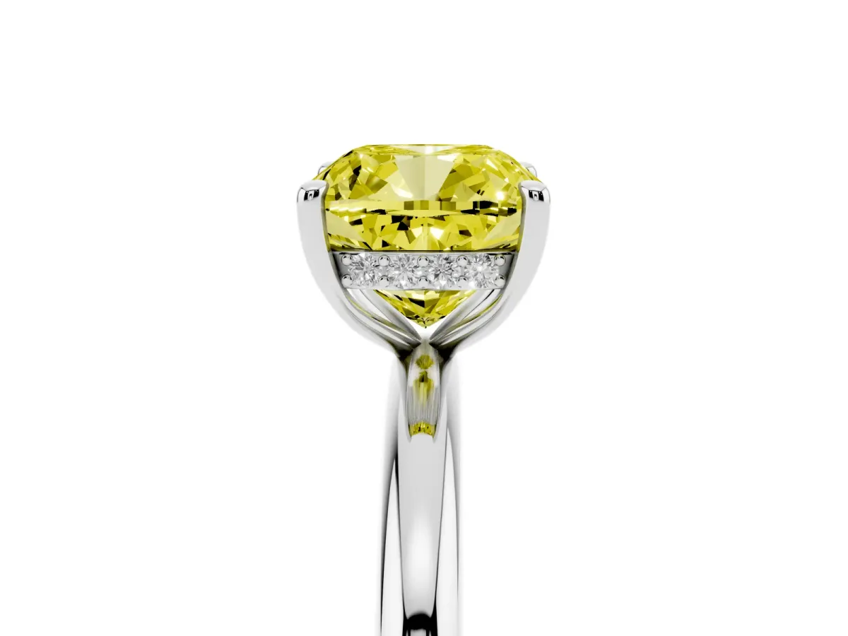 Fancy Yellow Cushion Cut Diamond Solitaire Ring with Thin Band and Four-Prong Setting Silver