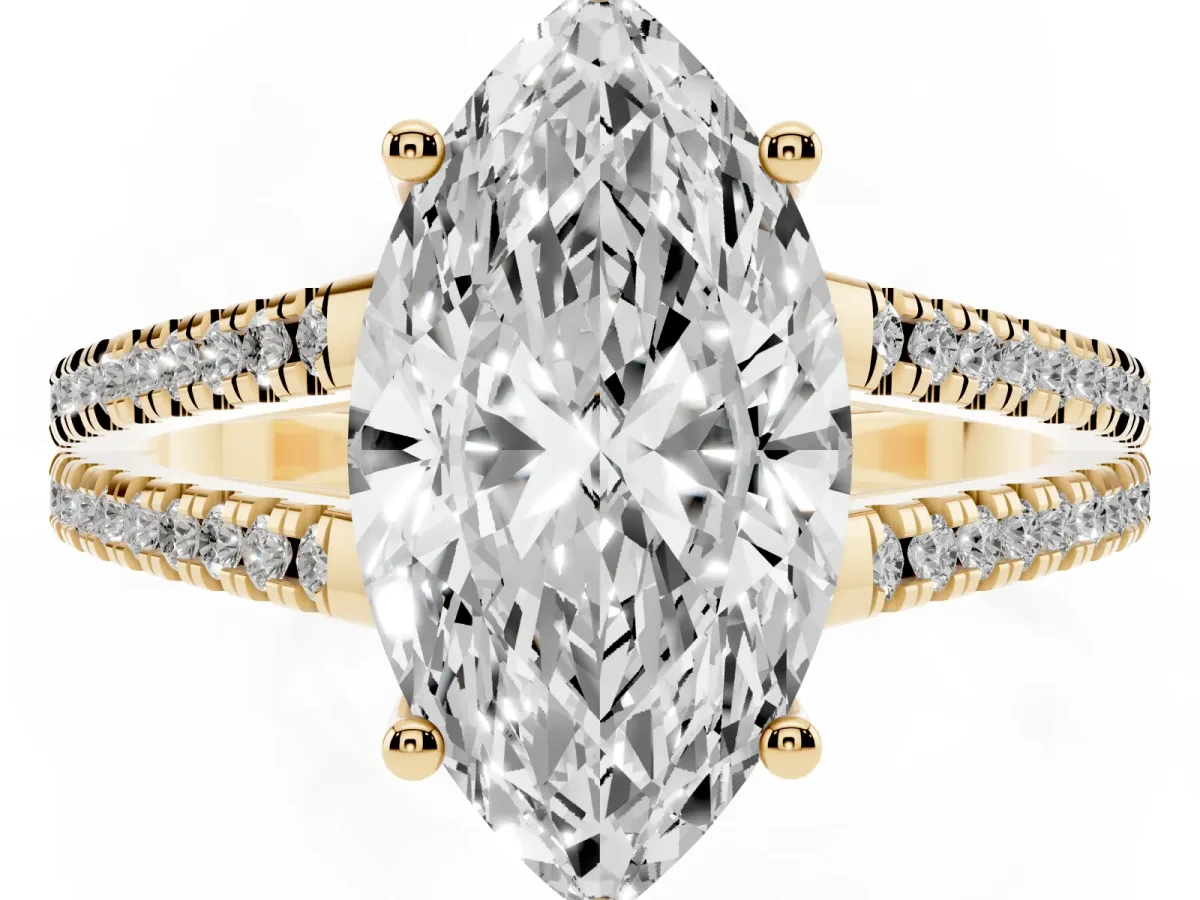 Marquise Cut Diamond Solitaire Engagement Ring with Split Shank Pavé Band Yellow gold
