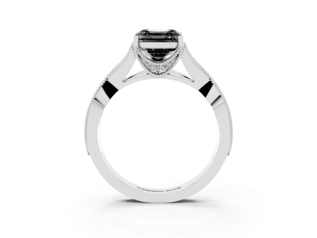 Fancy Black Asscher Cut Cut Diamond Twisted Band with Milgrain Pave Setting and Four-Prong Setting Silver