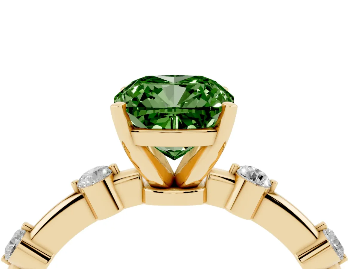 Fancy Green Cushion Cut Solitaire Diamond Ring with Bezel Set Side Stones and Prong Setting Yellow gold