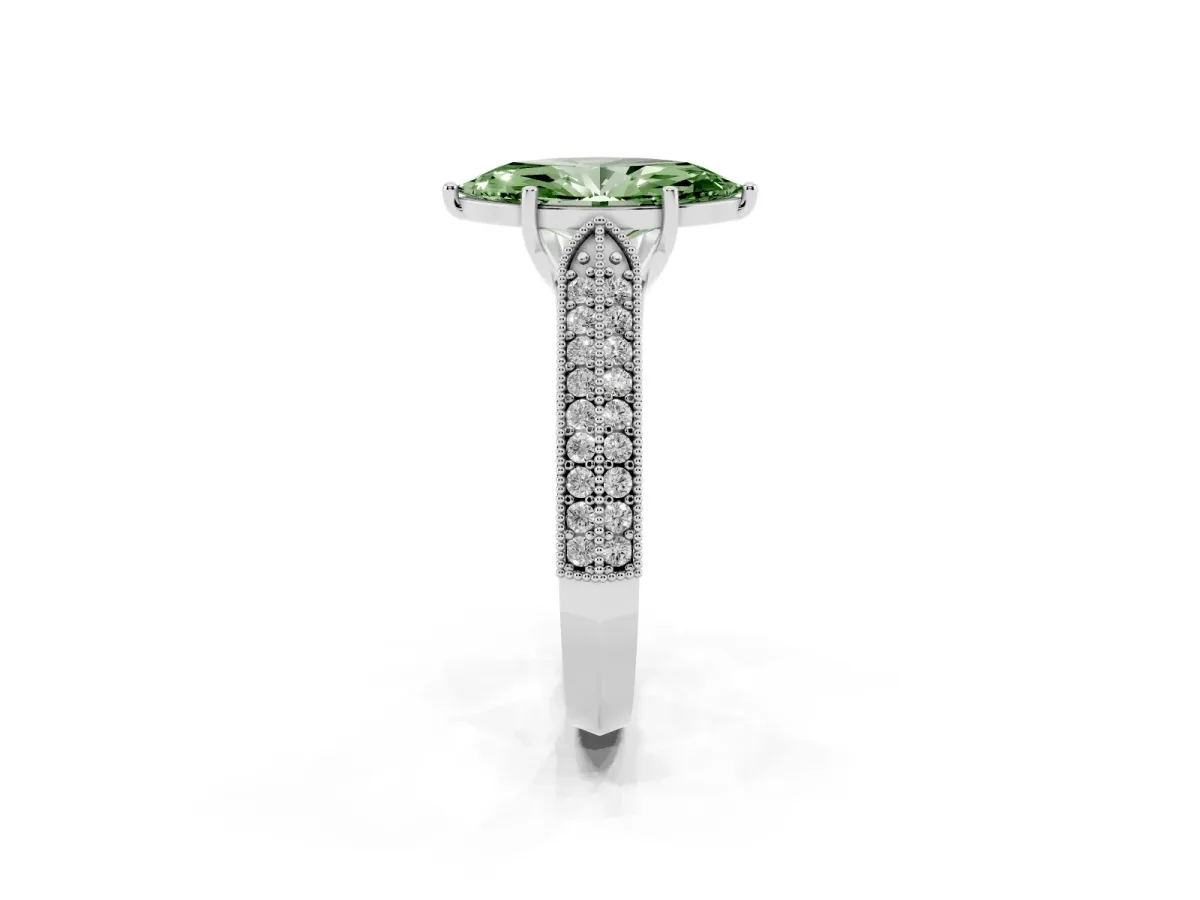 Fancy Green Marquise Cut Cut Pave Split Shank Engagement Ring with Four-Prong Setting White gold