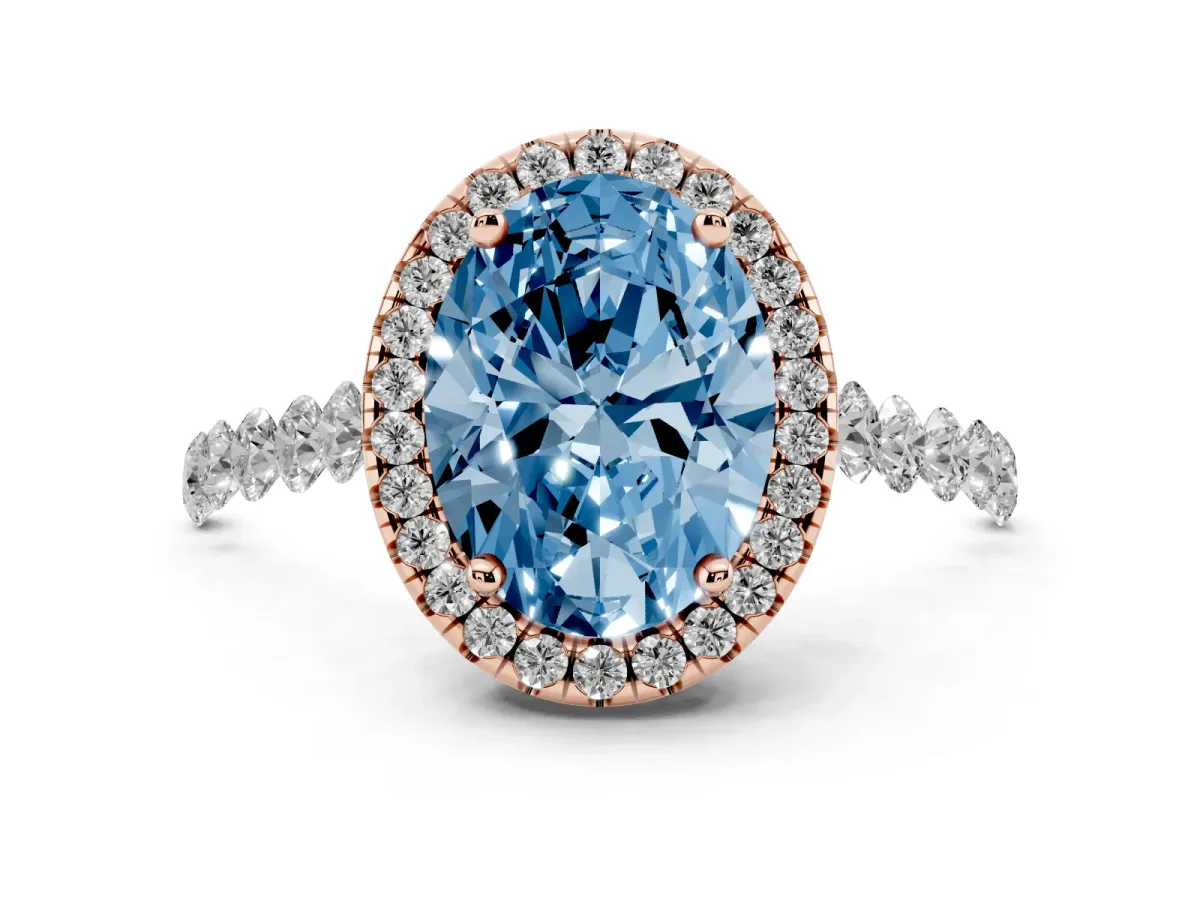 Fancy Blue Oval Cut Halo Pavé Diamond Engagement Ring with Four-Prong Setting Rose gold
