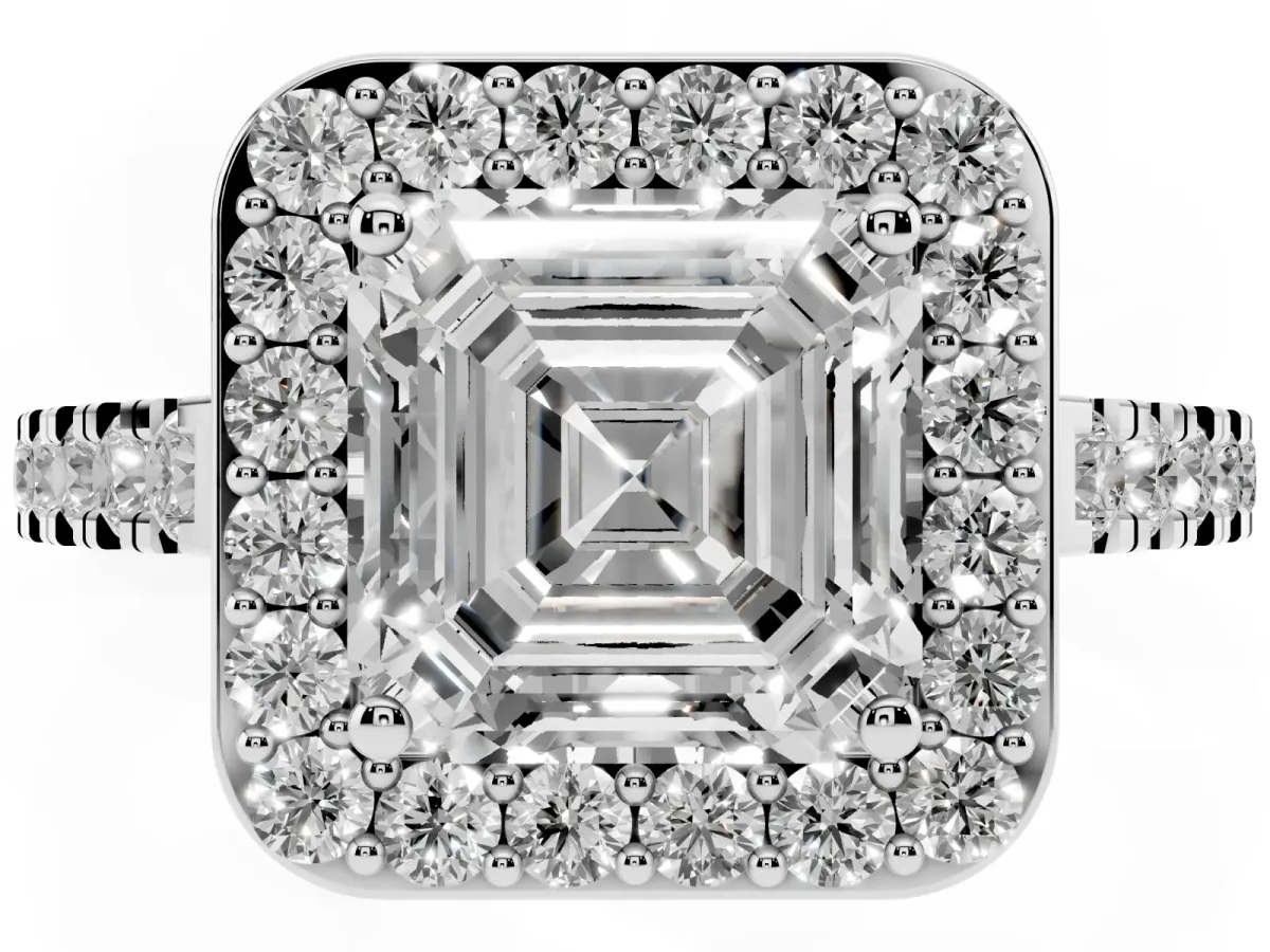 Asscher Cut Diamond Halo Ring with Round Pavé Split Shank and Prong Setting Silver