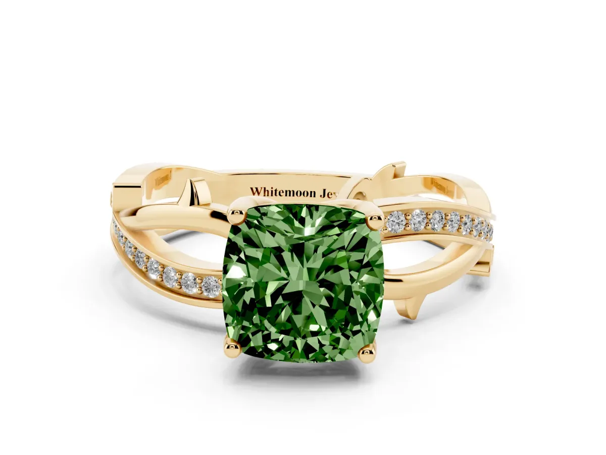 Fancy Green Cushion Cut Solitaire Twist Band with Pavé Accents and Four-Prong Setting Yellow gold