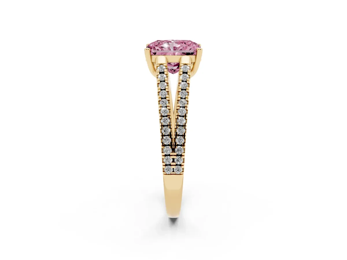 Fancy Pink Radiant Cut Diamond Solitaire Engagement Ring with Split Shank Pavé Band Yellow gold