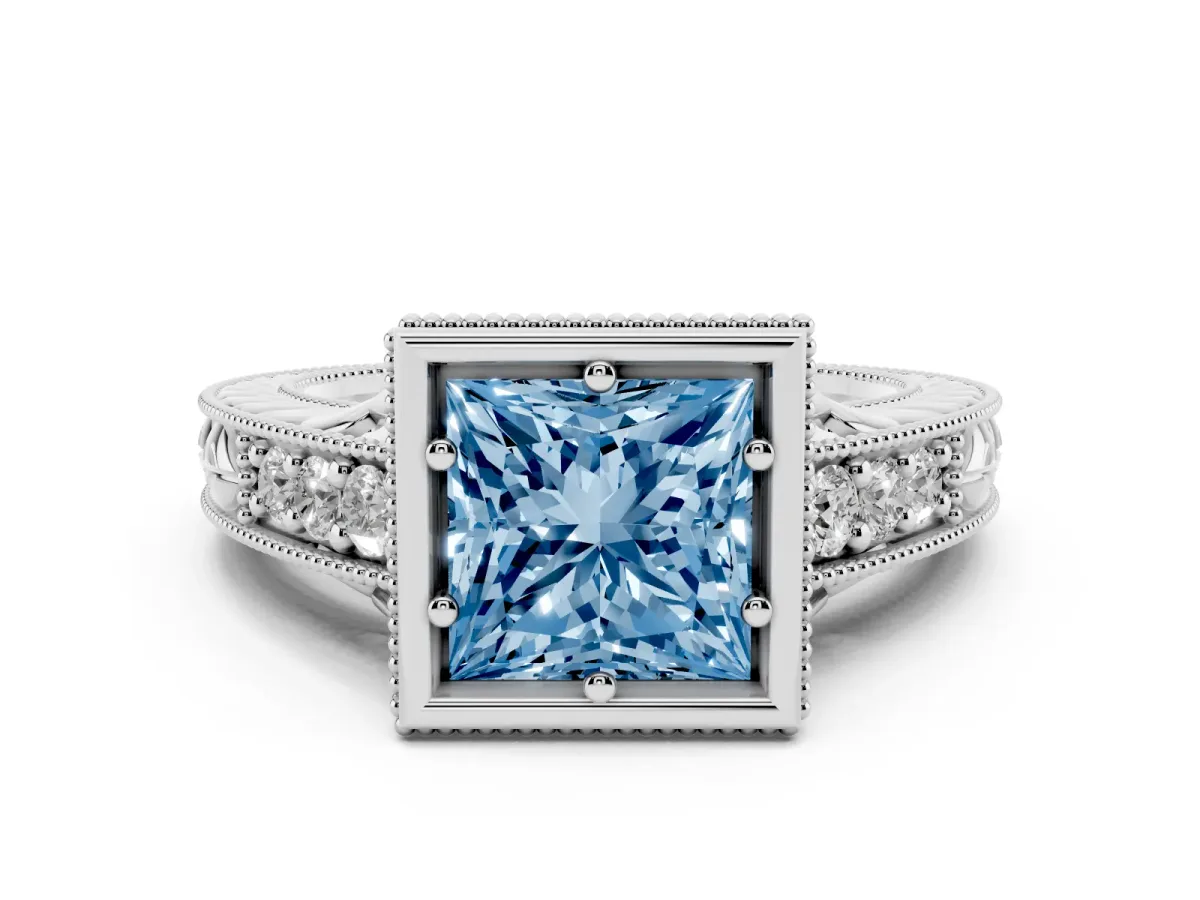 Fancy Blue Bezel Set Princess Cut Diamond Milgrain Pave Engagement Ring Silver