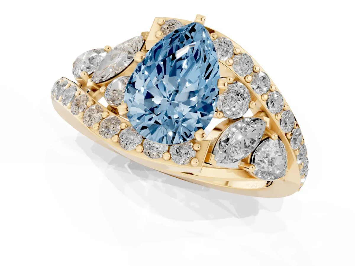 Fancy Blue Pear Cut Diamond Halo Ring with Marquise and Pavé Band in Prong Setting Yellow gold