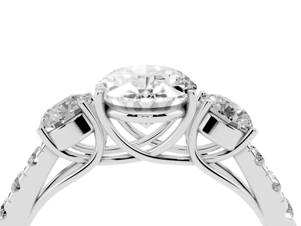 Oval Cut Cut Diamond Three-Stone Ring with Round Side Stones and Pavé Band Silver