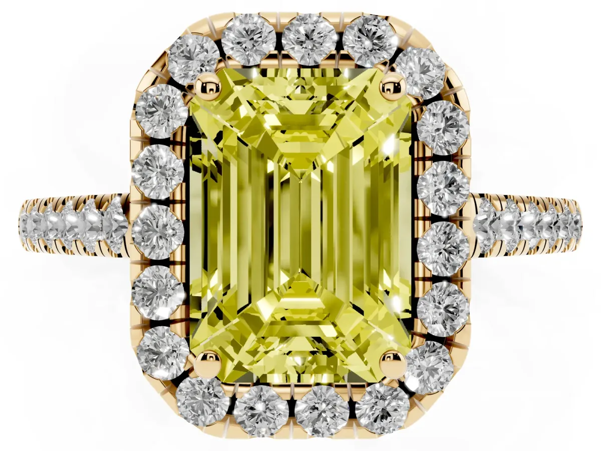 Fancy Yellow Emerald Cut Halo Pave Diamond Engagement Ring with Four-Prong Setting Yellow gold