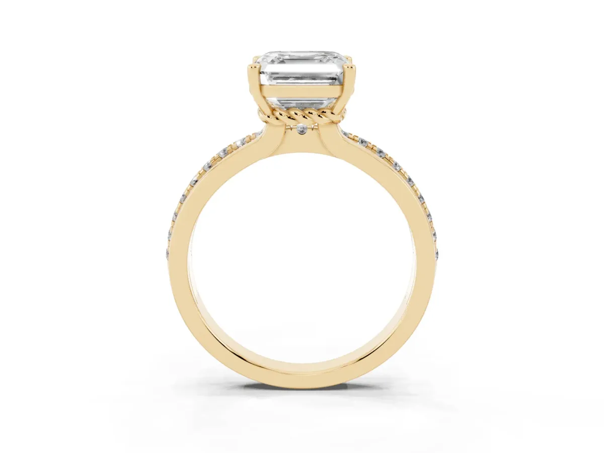 Asscher Cut Solitaire Diamond Ring with Channel Set Band and Six-Prong Setting Yellow gold