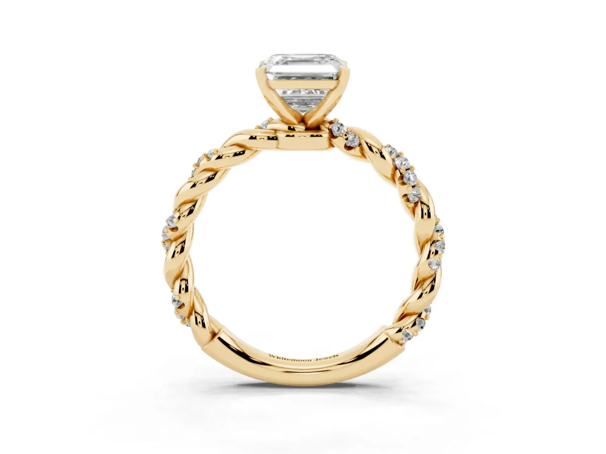 Asscher Cut Diamond Solitaire Ring with Twisted Band and Pavé Accents Yellow gold