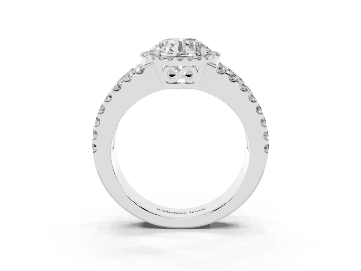 Round Cut Cut Halo Split Shank Diamond Ring with Four-Prong Setting Platinum
