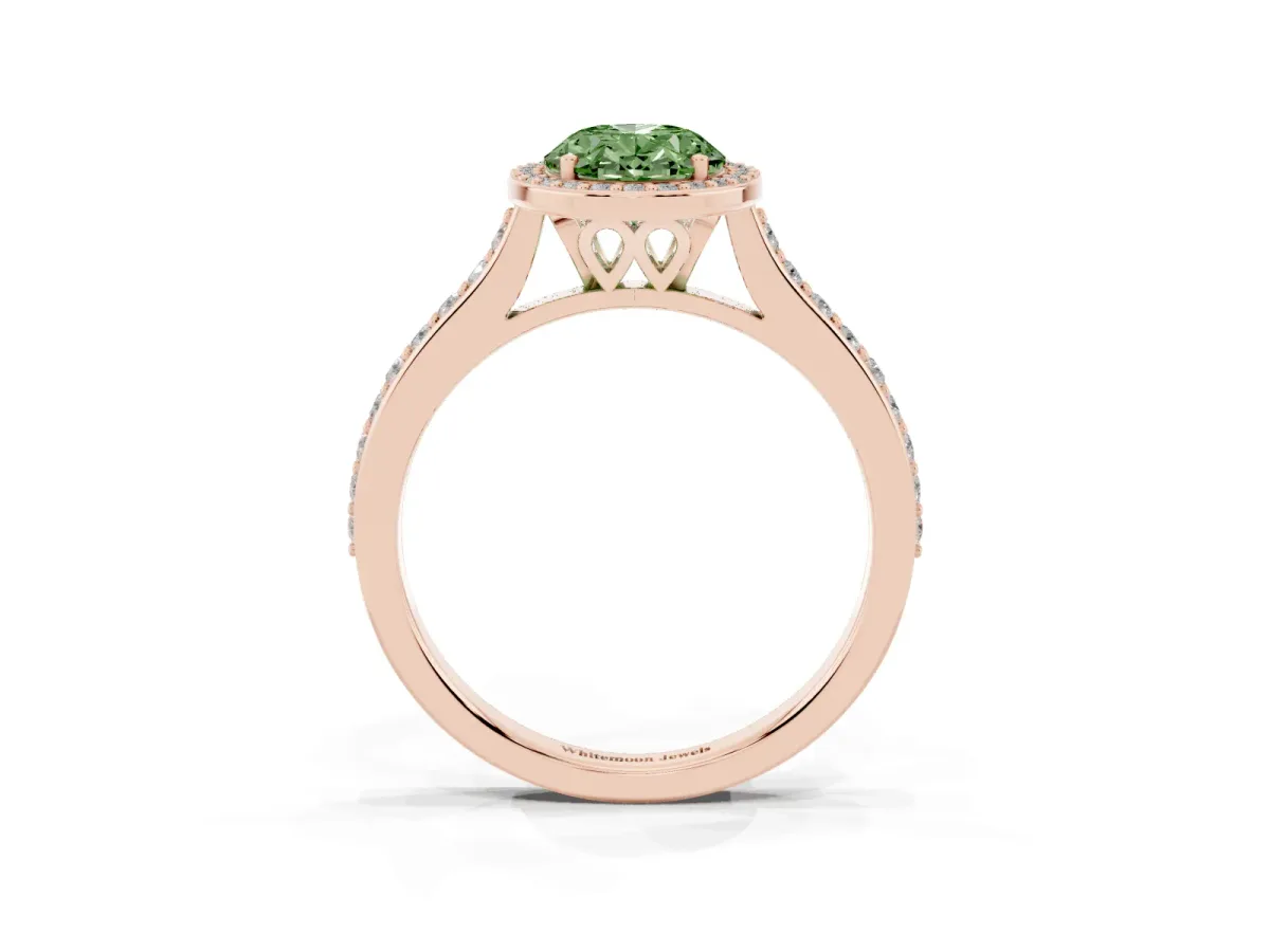 Fancy Green Oval Cut Diamond Halo Engagement Ring with Round Pavé Shoulders and Prong Setting Rose gold