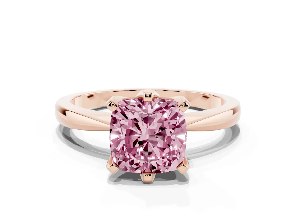 Fancy Pink Cushion Cut Solitaire Engagement Ring with Six-Prong Setting and Tapered Band Rose gold