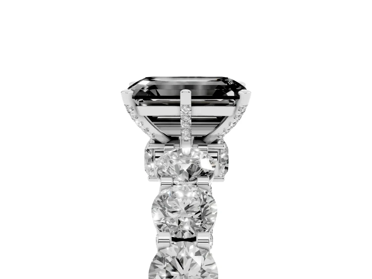 Fancy Black Emerald Cut Diamond Side Stone Engagement Ring with Four-Prong Setting Platinum
