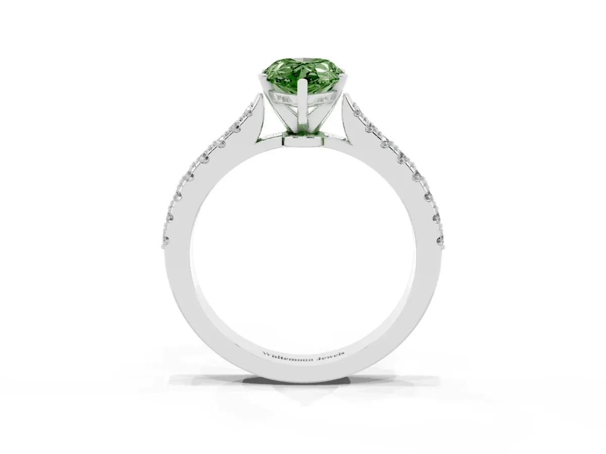 Fancy Green Pear Cut Cut Solitaire Diamond Engagement Ring with Pave Band and Four-Prong Setting Platinum