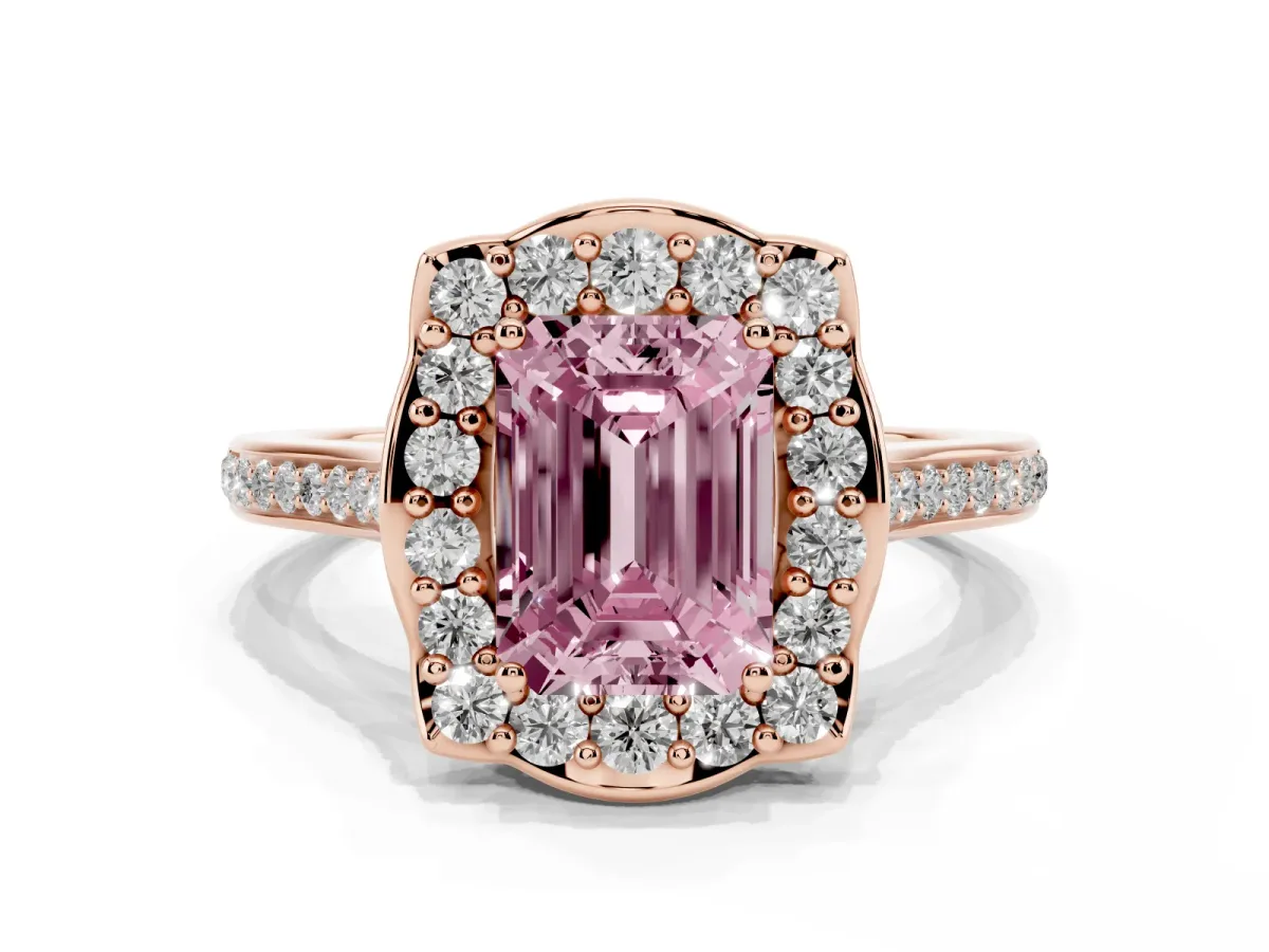 Fancy Pink Emerald Cut Halo Round Diamond Pave Band with Four-Prong Setting Rose gold