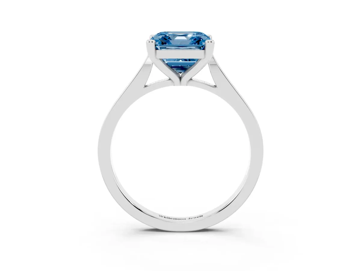 Fancy Blue Asscher Cut Solitaire Diamond Ring with Four-Prong Setting and Tapered Band Silver