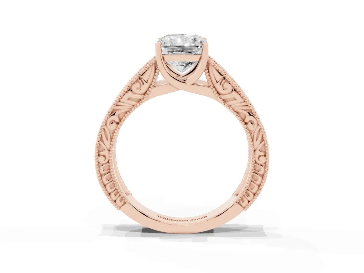 Radiant Cut Diamond Solitaire Ring with Engraved Band and Four-Prong Setting Rose gold
