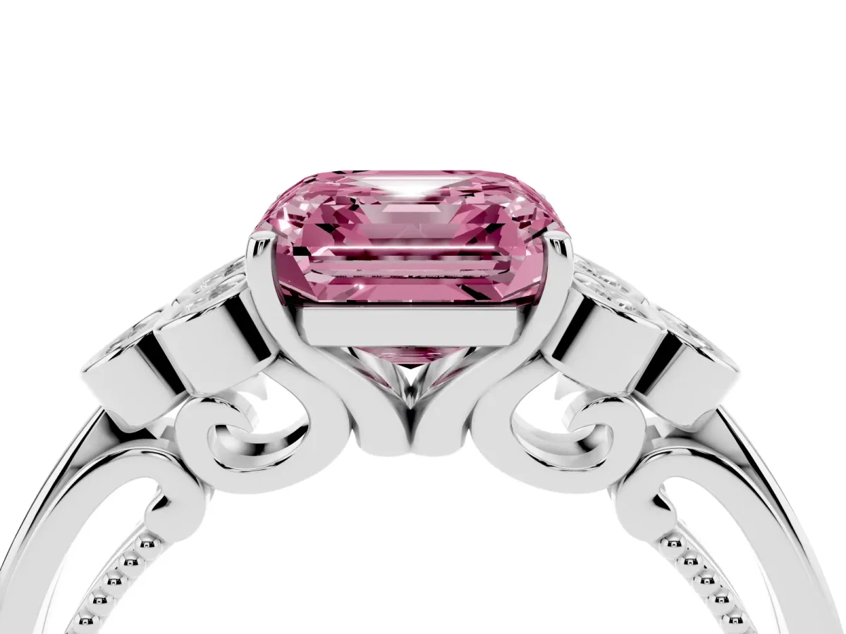 Fancy Pink Asscher Cut Cut Diamond Engagement Ring with Bezel Set Round Side Stones and Prong Setting Platinum