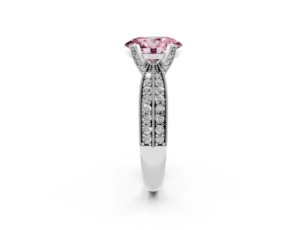 Fancy Pink Oval Cut Diamond Solitaire Ring with Milgrain Round Pavé Band and Prong Setting Silver