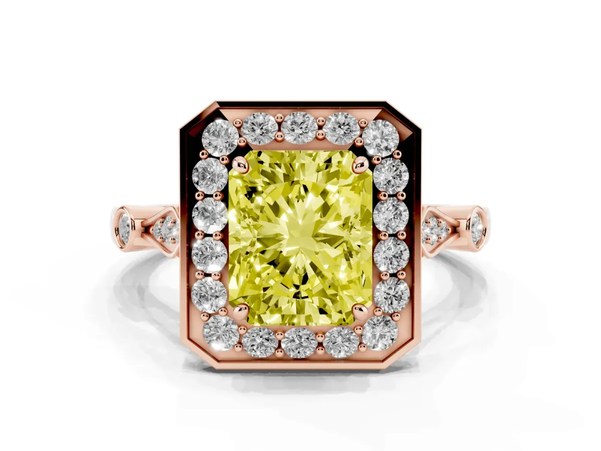 Fancy Yellow Radiant Cut Halo Diamond Engagement Ring with Twisted Band and Four-Prong Setting Rose gold
