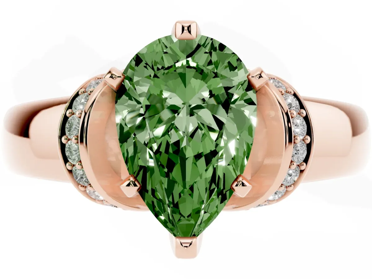 Fancy Green Pear Cut Solitaire Diamond Ring with Pave Band and Six-Prong Setting Rose gold