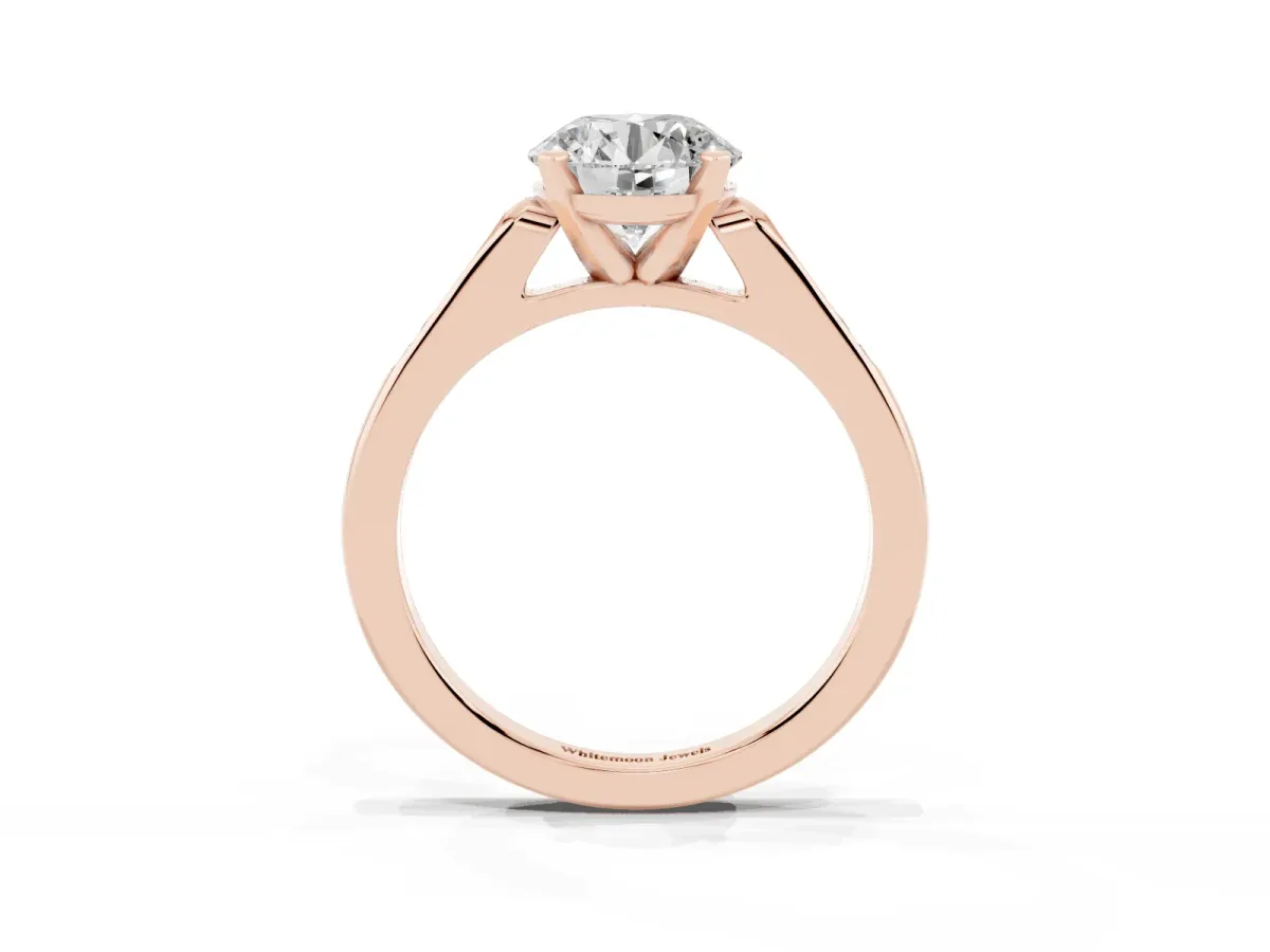 Round Cut Diamond Solitaire Ring with Channel Set Round Band and Prong Setting Rose gold
