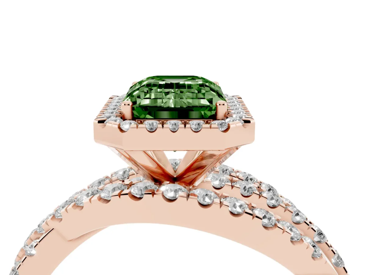 Fancy Green Emerald Cut Diamond Halo Ring with Round Split Shank and Prong Setting Rose gold