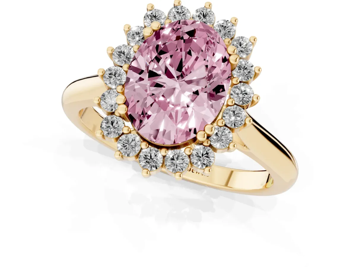 Fancy Pink Oval Cut Cut Diamond Halo Ring with Solitaire Band and Prong Setting Yellow gold