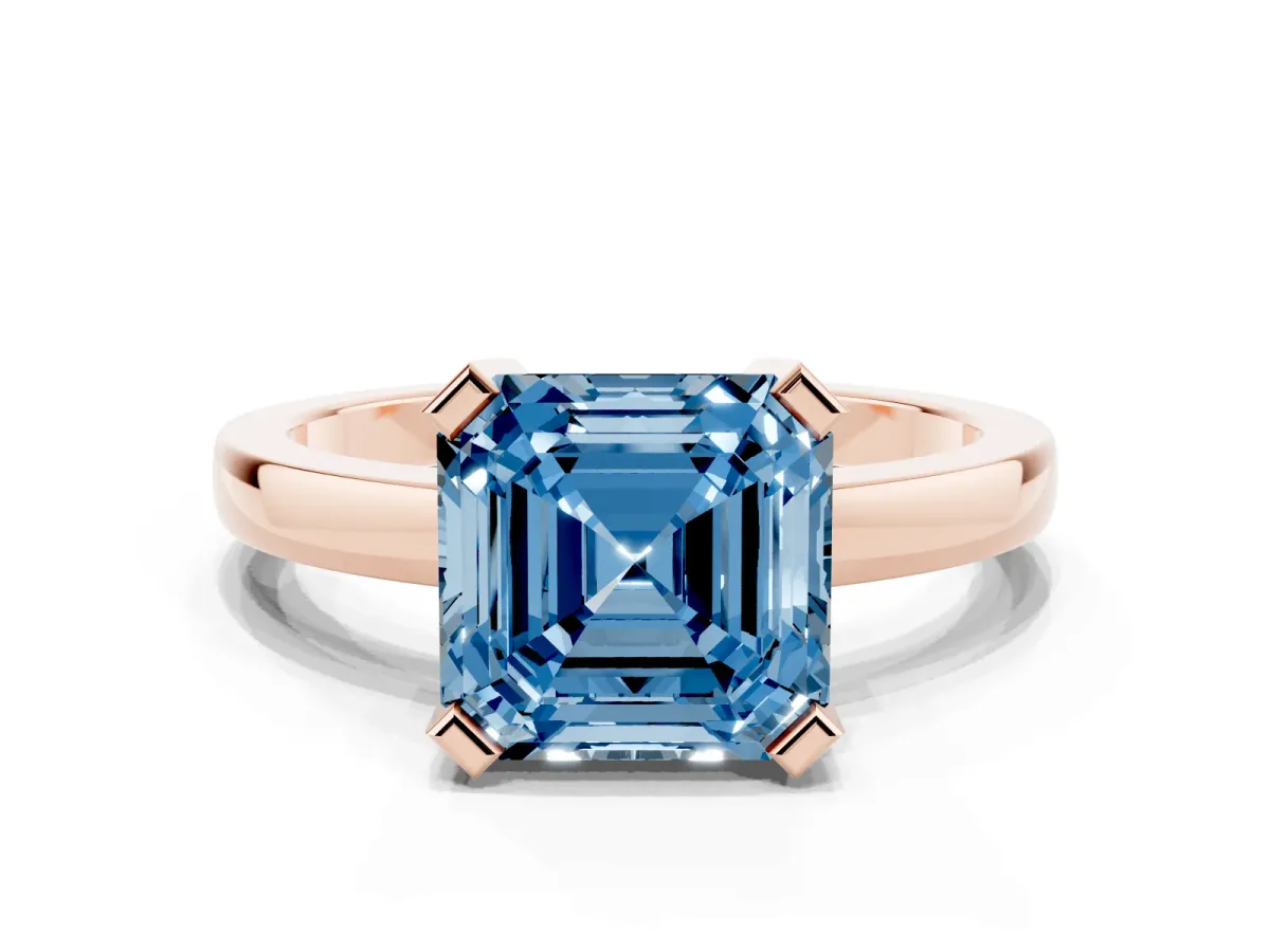 Fancy Blue Asscher Cut Cut Solitaire Ring with Four-Prong Setting and Classic Band Rose gold
