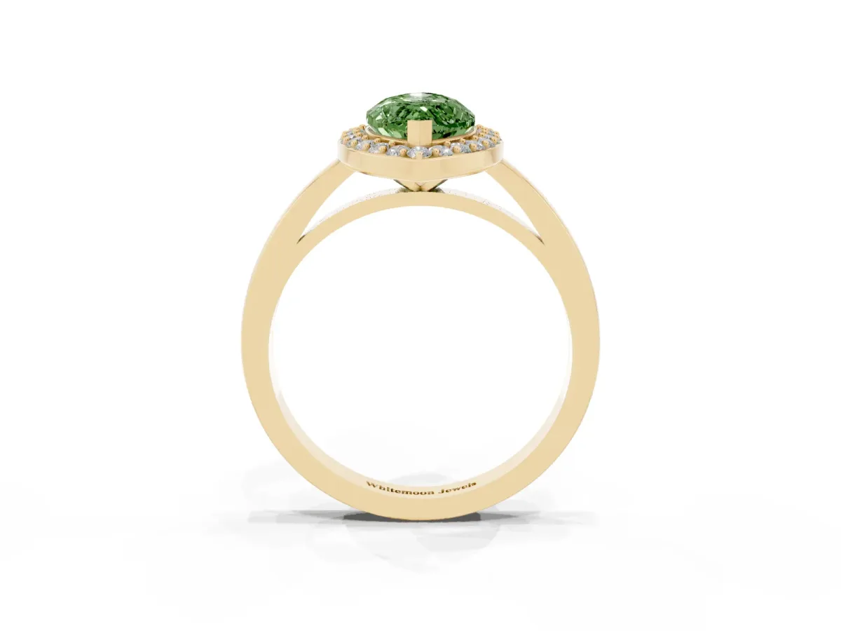 Fancy Green Marquise Cut Halo Diamond Ring with Solitaire Band and Prong Setting Yellow gold