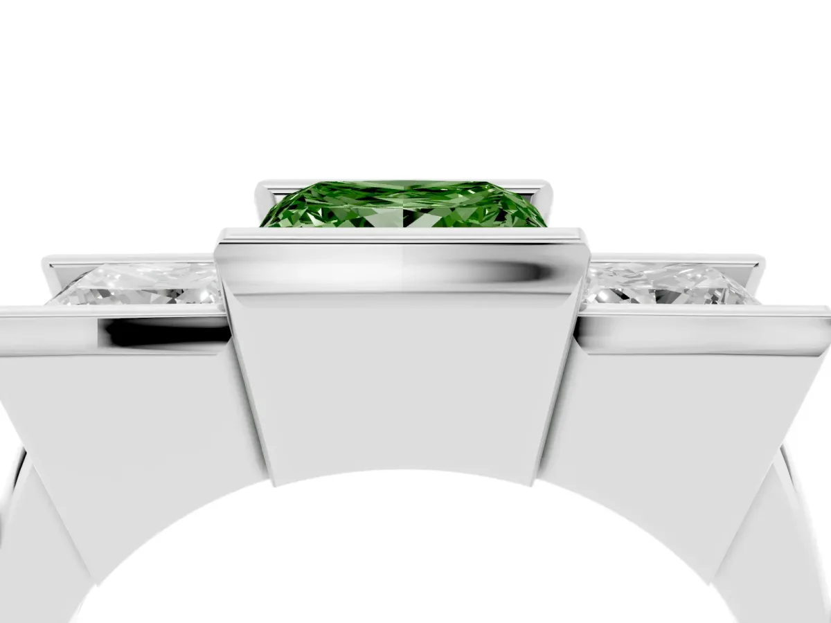 Fancy Green Three Stone Princess Cut Cut Channel Set Diamond Ring Silver