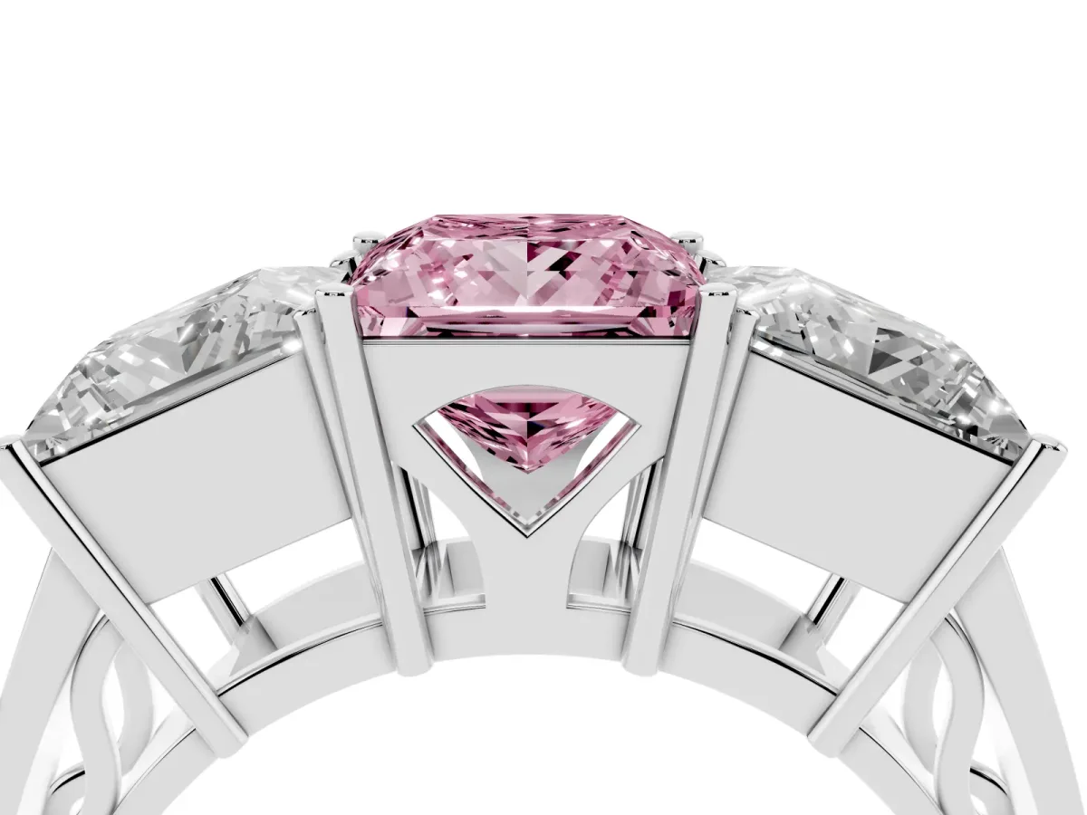 Fancy Pink Princess Cut Diamond Three-Stone Ring with Prong Setting and Textured Band Platinum