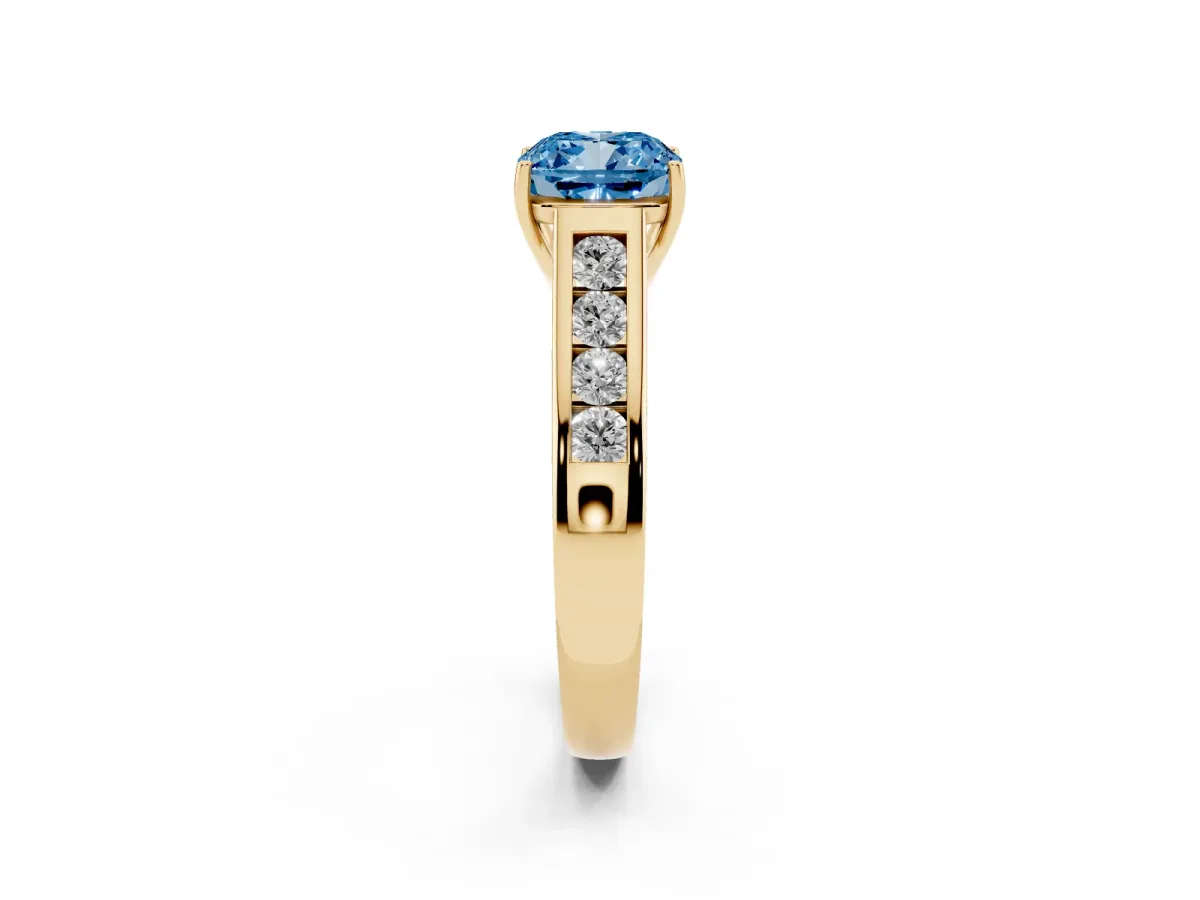 Fancy Blue Cushion Cut Solitaire Channel-Set Diamond Engagement Ring with Four-Prong Setting Yellow gold