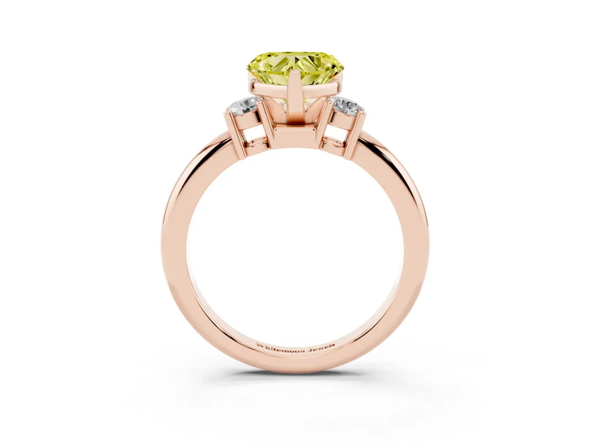 Fancy Yellow Three-Stone Heart Cut Cut Diamond Solitaire with Prong Setting and Classic Band Rose gold