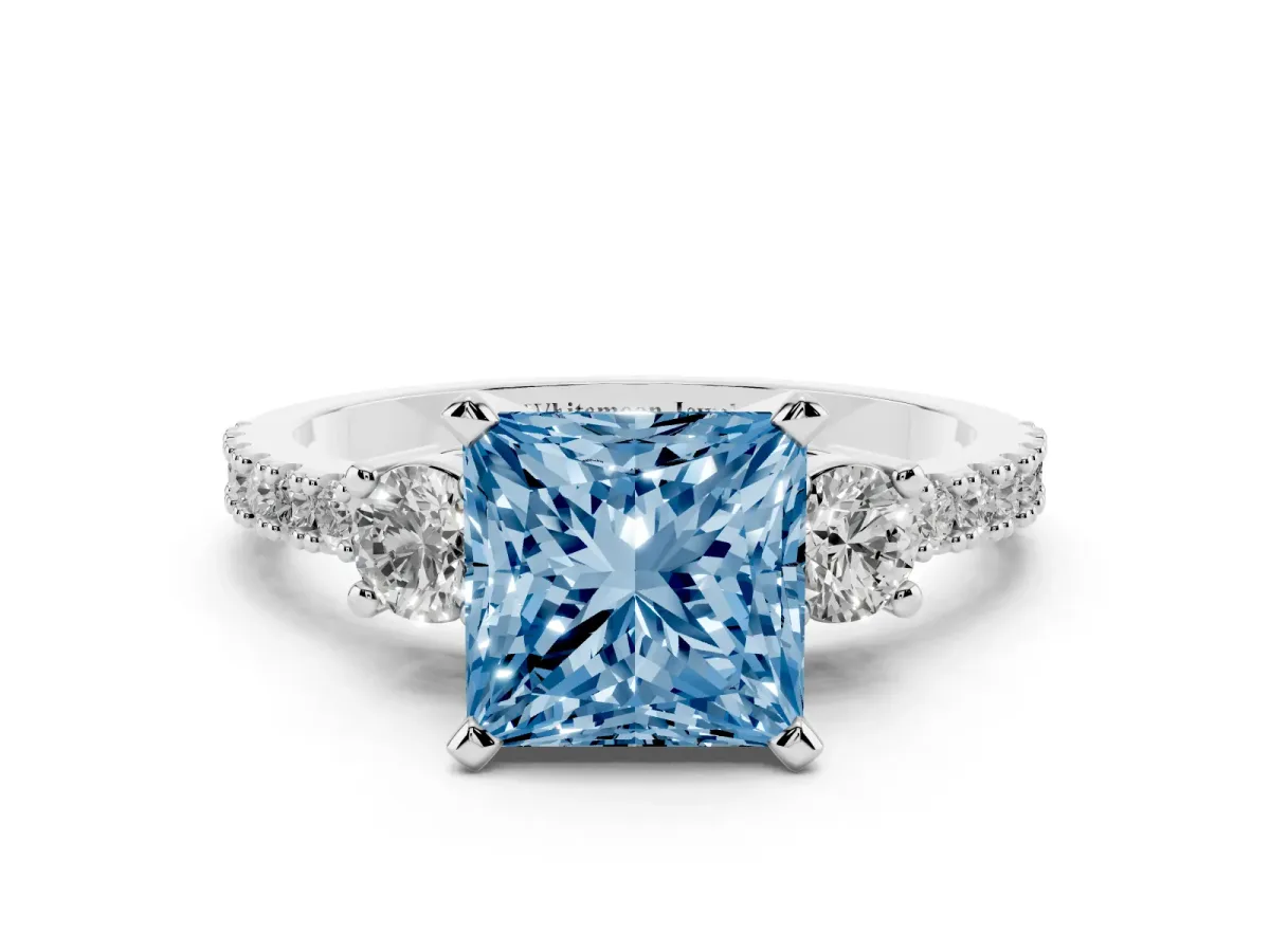 Fancy Blue Princess Cut Three-Stone Diamond Pavé Band with Prong Setting Silver