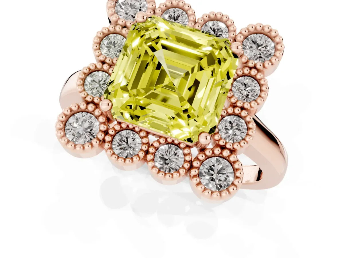 Fancy Yellow Asscher Cut Halo Diamond Cluster Engagement Ring with Milgrain Bezel Setting and Solitaire Band Rose gold