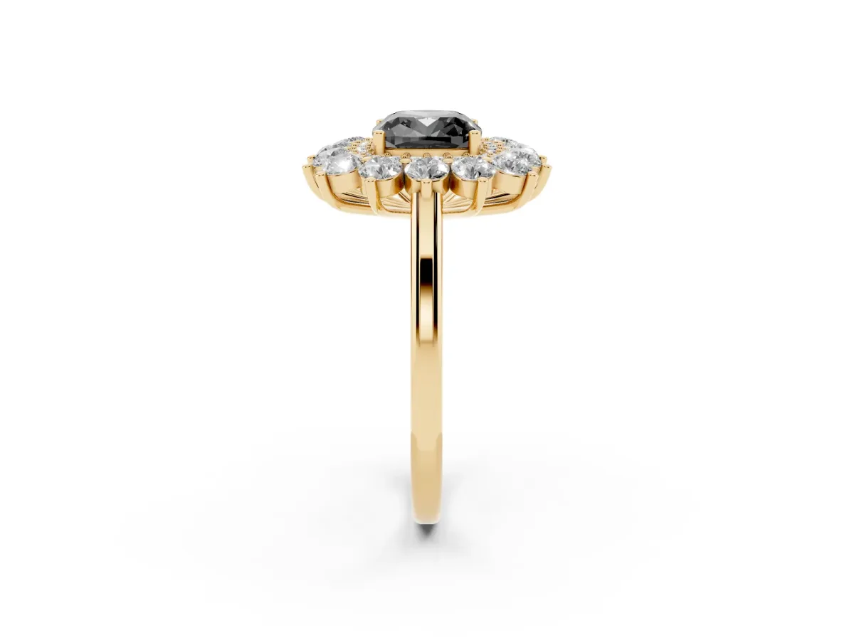 Fancy Black Cushion Cut Diamond Floral Double Halo Engagement Ring with Prong Setting Yellow gold