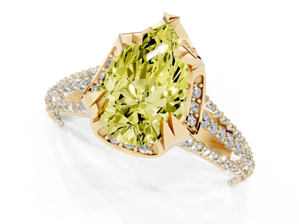 Fancy Yellow Pear Cut Solitaire Pave Split Shank Ring with Four-Prong Setting Yellow gold