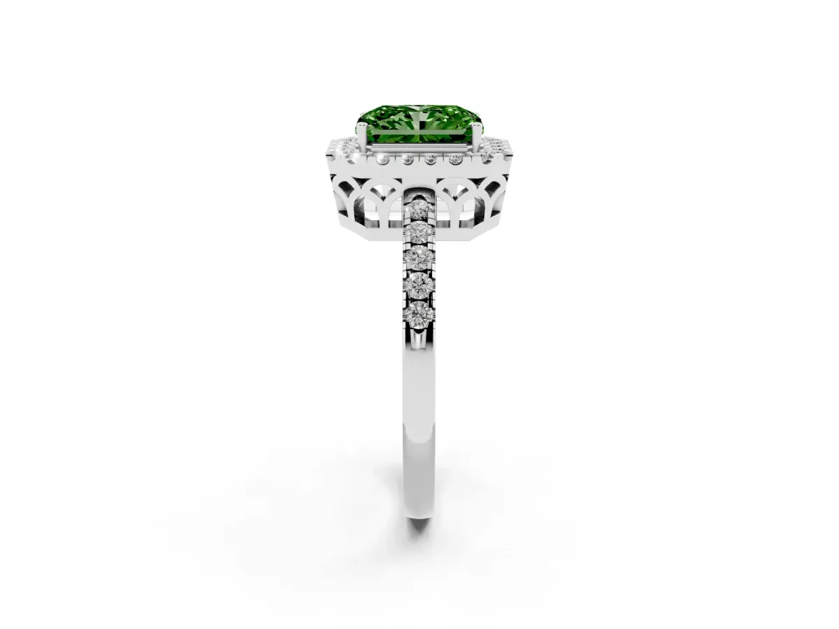 Fancy Green Radiant Cut Halo Diamond Engagement Ring with Pavé Band and Four-Prong Setting Silver