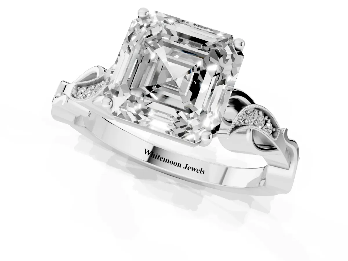 Asscher Cut Solitaire Vine Band with Milgrain Prong Setting Platinum