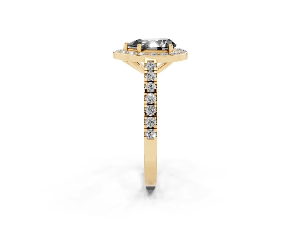 Fancy Black Pear Cut Diamond Halo Ring with Round Pavé Split Shank and Prong Setting Yellow gold
