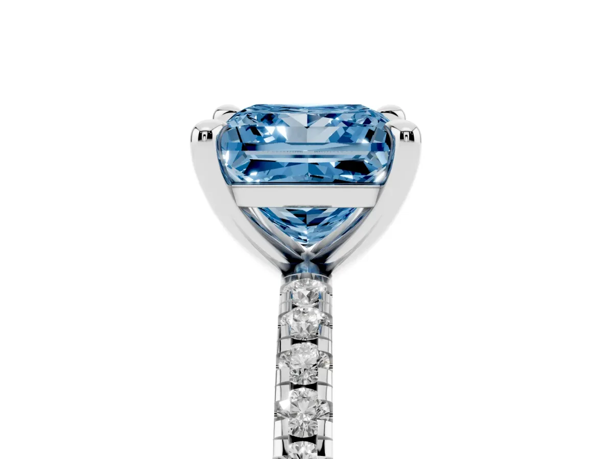 Fancy Blue Princess Cut Diamond Brilliant Solitaire Ring with Pavé Band and Four-Prong Setting Silver