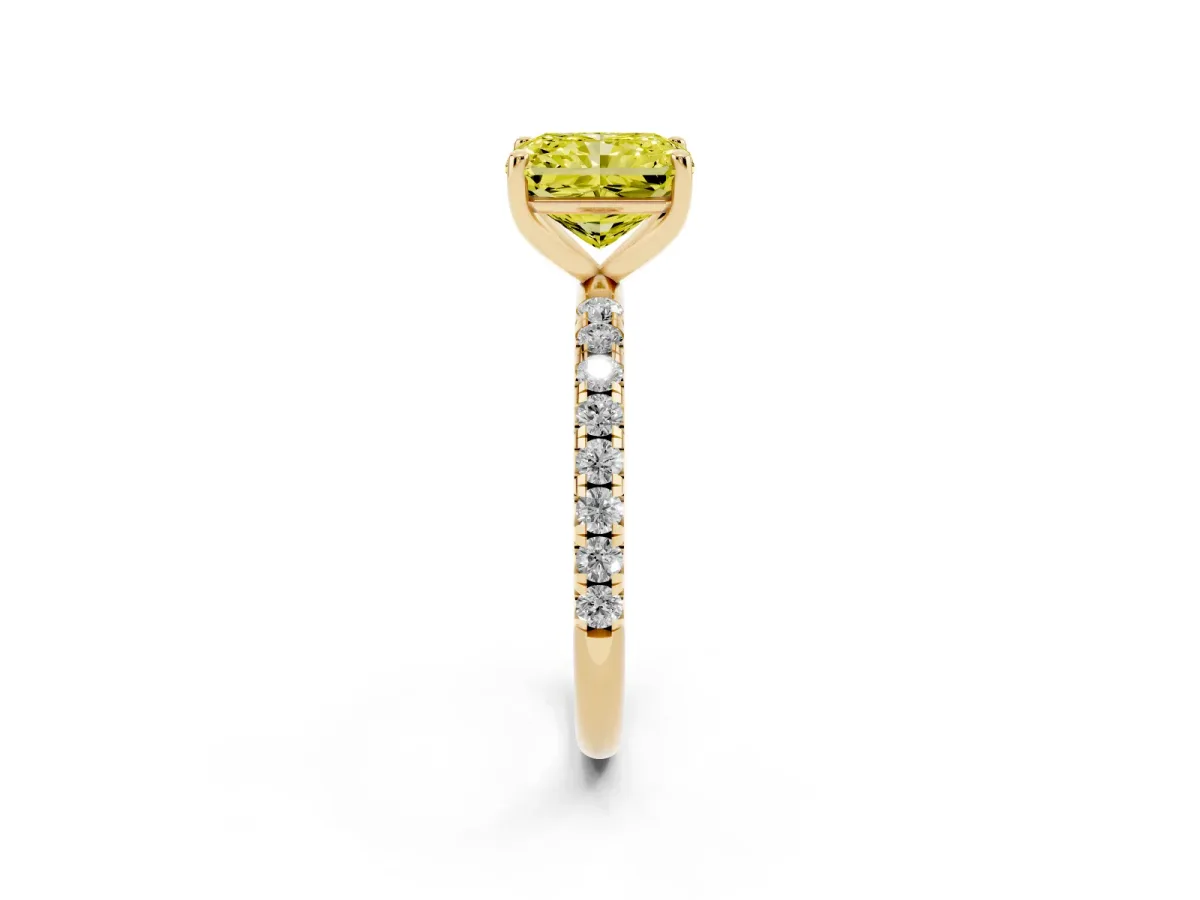 Fancy Yellow Radiant Cut Cut Diamond Solitaire Ring with Micro Pave Band and Four Prong Setting Yellow gold