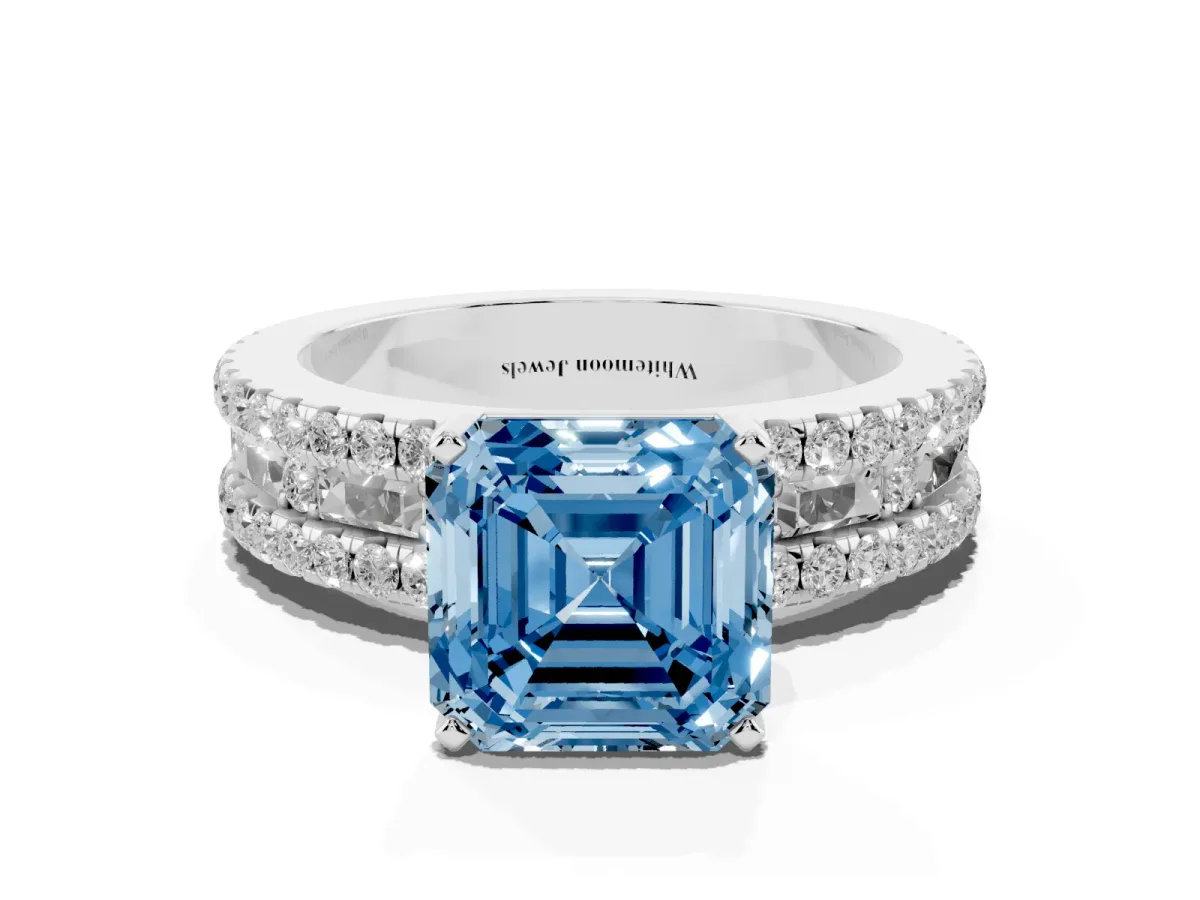 Fancy Blue Asscher Cut Diamond Solitaire Ring with Pavé and Channel Set Band Silver